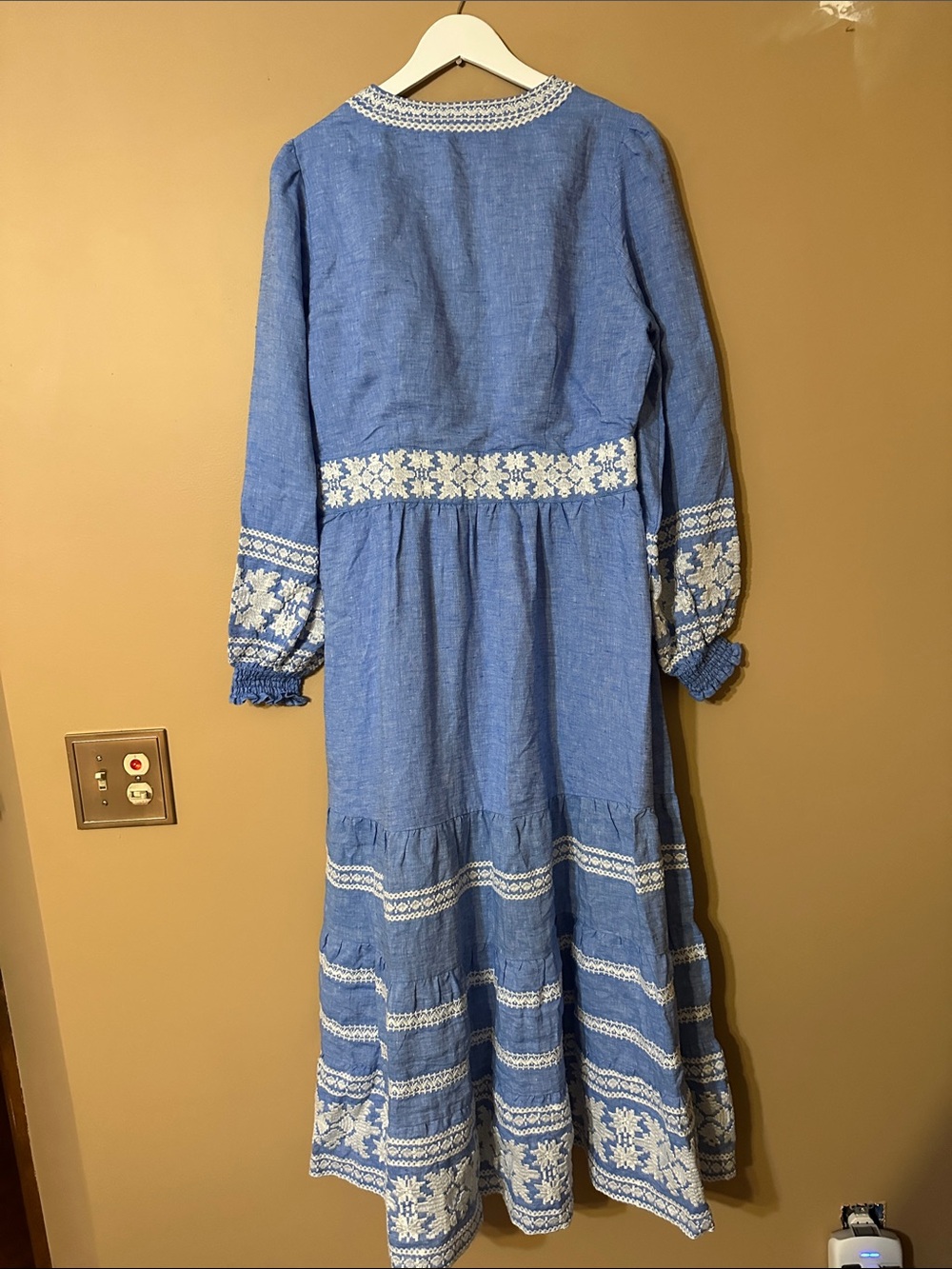 Boden Blue Linen Embroidered V-Neck Midi Dress - Picture 9 of 10